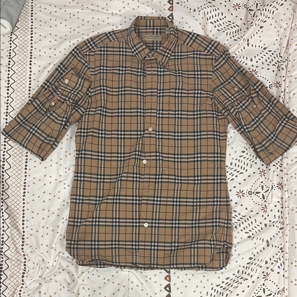 Burberry Tan and Black Casual Button Down Shirt with Plaid Design